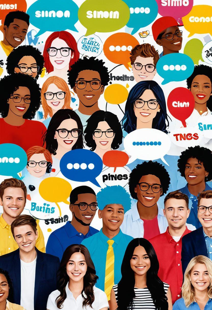 A vibrant collage depicting passionate Simon fans engaged in lively discussions, surrounded by colorful speech bubbles and trending topics. Include elements like social media icons, musical notes, and fandom memorabilia, all interconnected by bright lines symbolizing community. Capture the essence of excitement and connection within the Simon community. super-realistic. vibrant colors. white background.