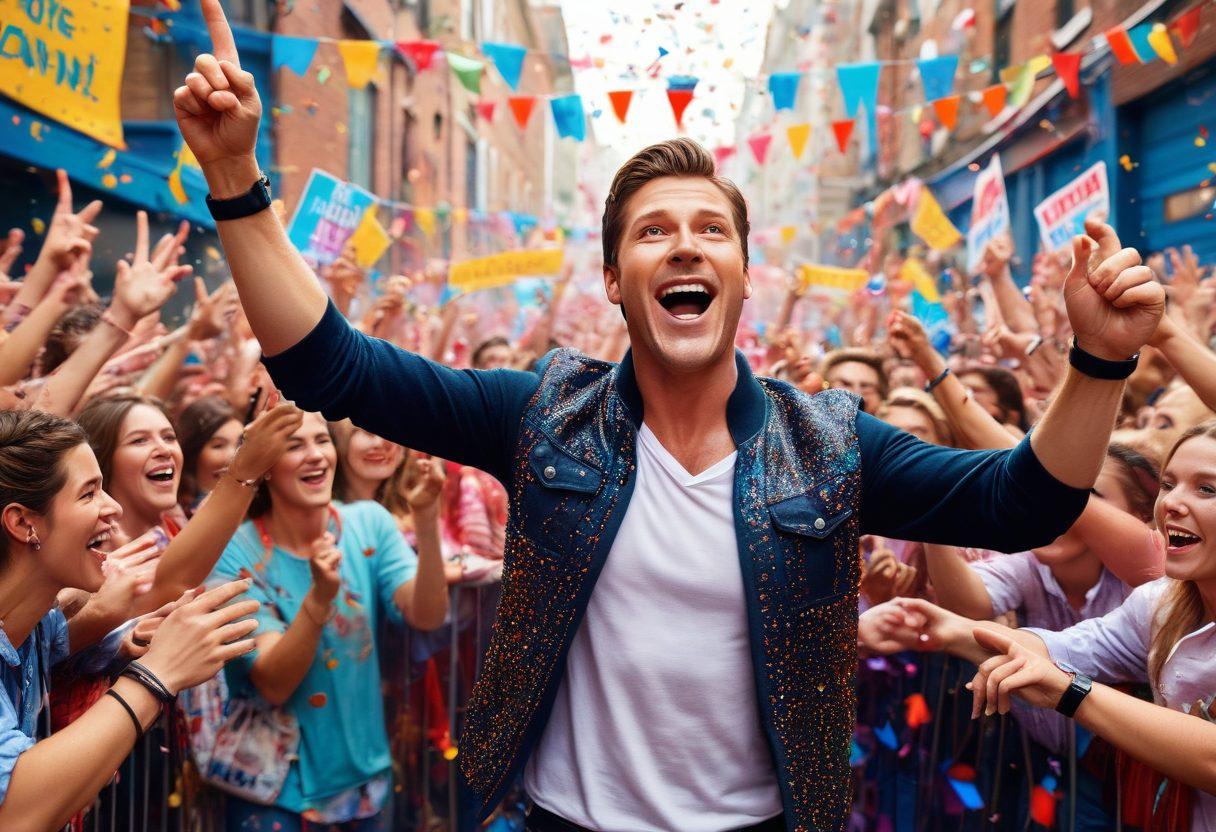 A vibrant scene depicting a charismatic celebrity, Simon, engaging with a jubilant crowd of enthusiastic followers. The background should feature colorful banners and confetti, symbolizing a festive atmosphere. Simon is shown in a dynamic pose, radiating charm, while fans hold up signs with supportive messages. Capture the excitement and connection between the celebrity and his fans. super-realistic. vibrant colors. festive background.