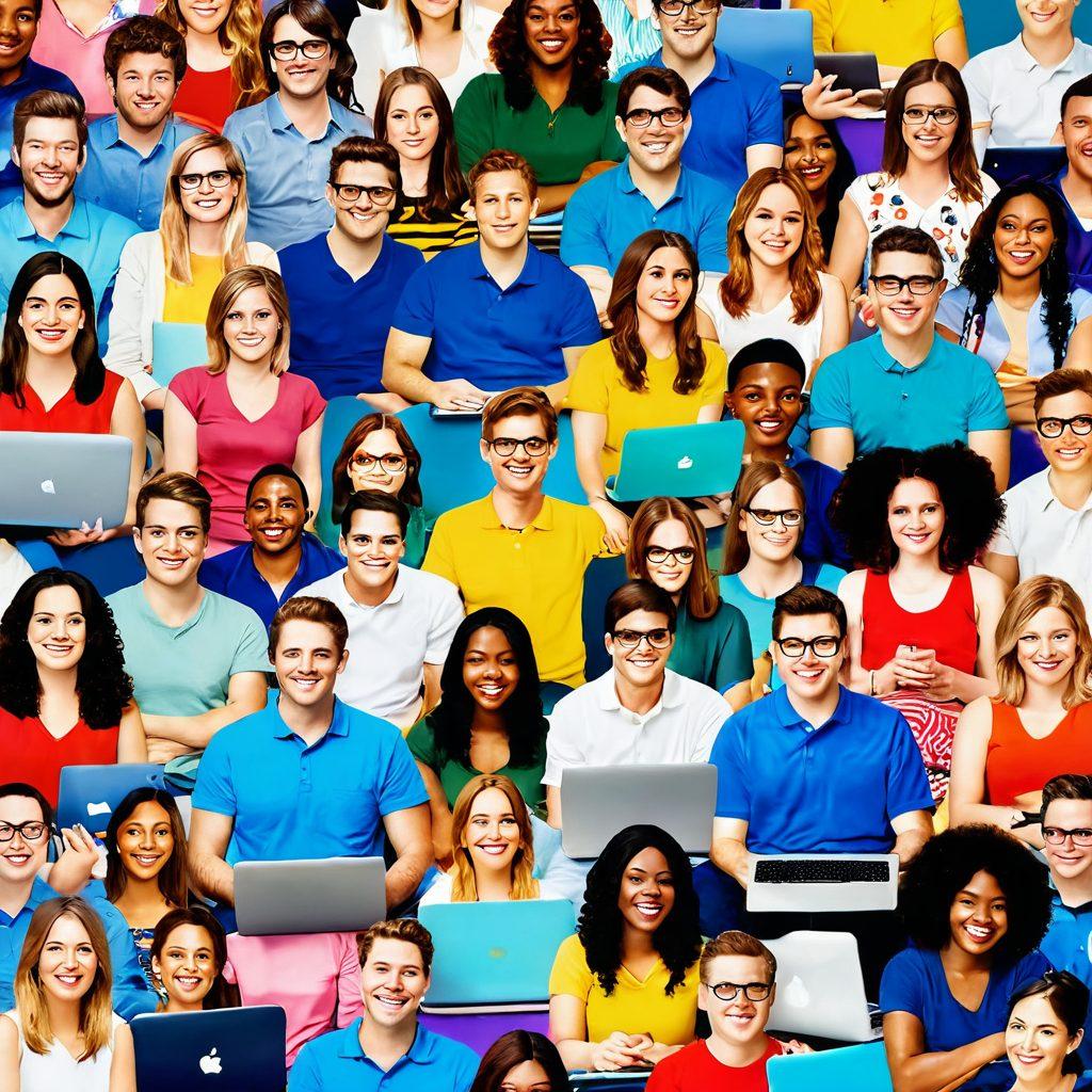 A vibrant collage showcasing enthusiastic fans of the Simon community, engaging in lively discussions with laptops and phones. Include colorful banners displaying trend updates and social media feeds in the background. Capture a diverse group of fans with expressive facial reactions, surrounded by iconic symbols representing Simon's latest trends. super-realistic. vibrant colors. dynamic composition.